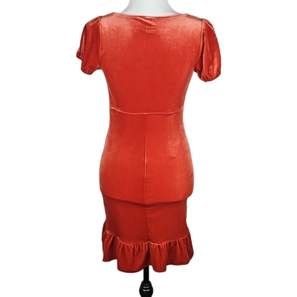 Retro Orange Velour Ruffle Trim Dress - Picture 4 of 11